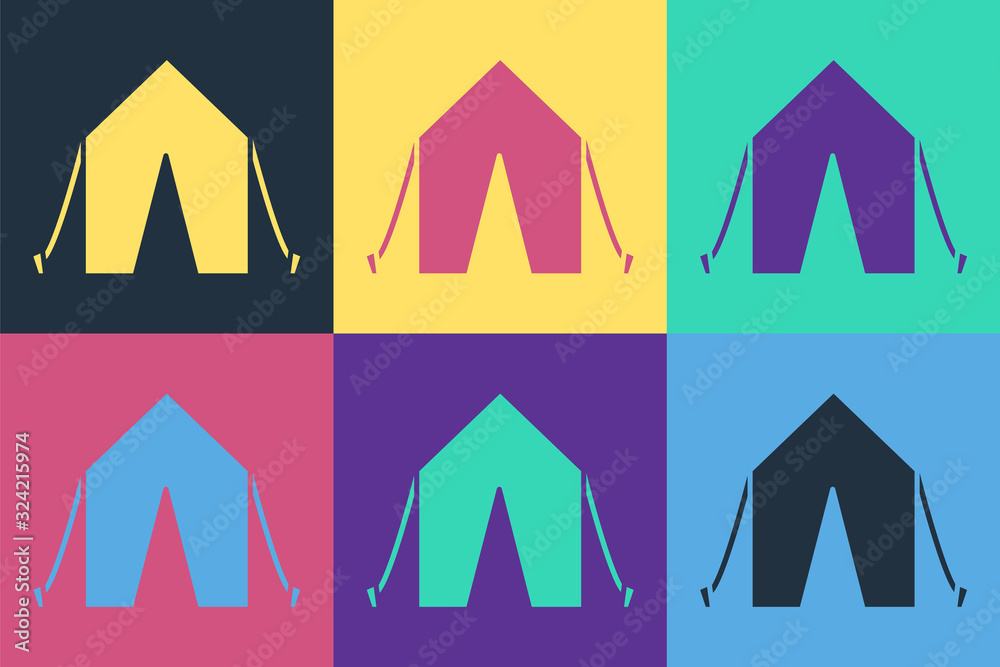 Pop art Tourist tent icon isolated on color background. Camping symbol. Vector Illustration