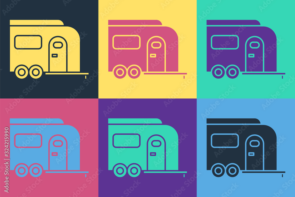 Pop art Rv Camping trailer icon isolated on color background. Travel mobile home, caravan, home camp