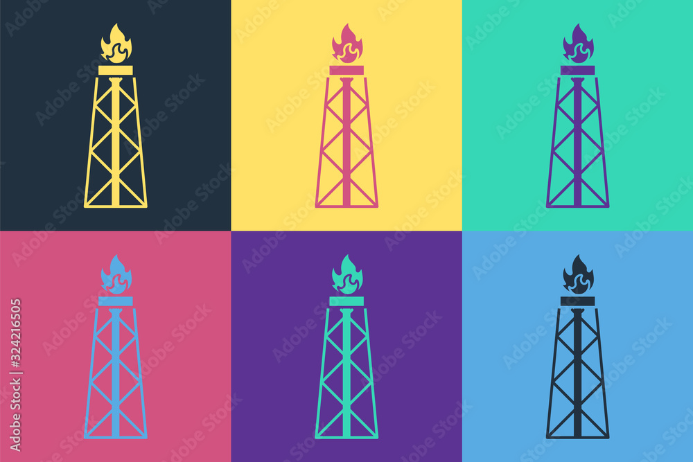Pop art Oil rig with fire icon isolated on color background. Gas tower. Industrial object. Vector Il
