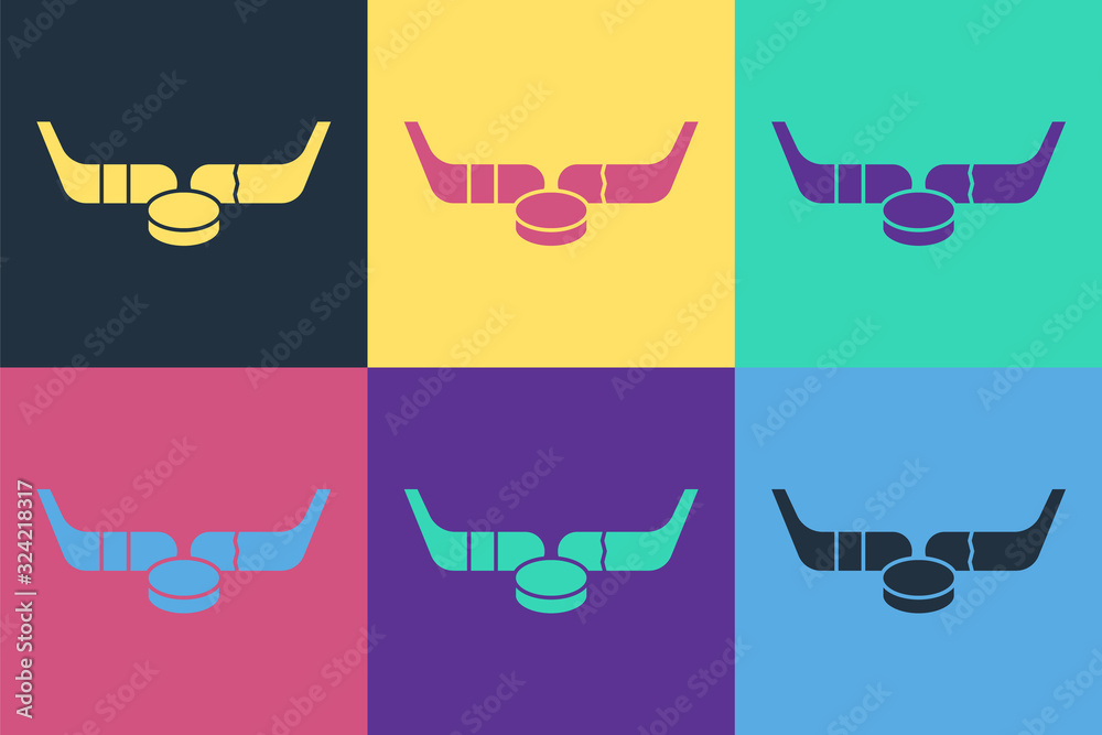 Pop art Ice hockey sticks and puck icon isolated on color background. Game start. Vector Illustratio