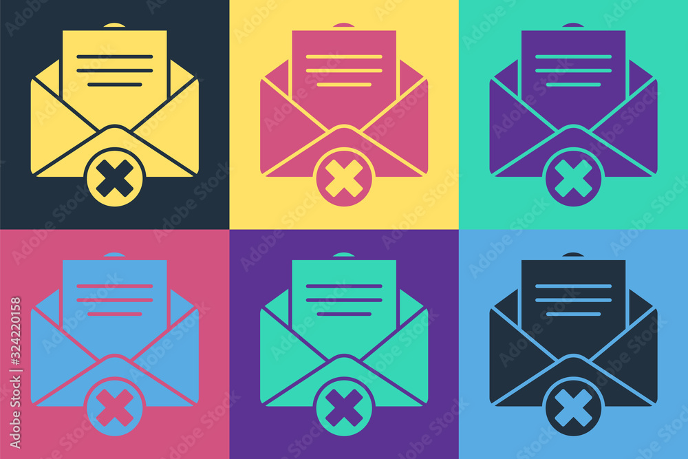 Pop art Delete envelope icon isolated on color background. Delete or error letter. Cross on message.