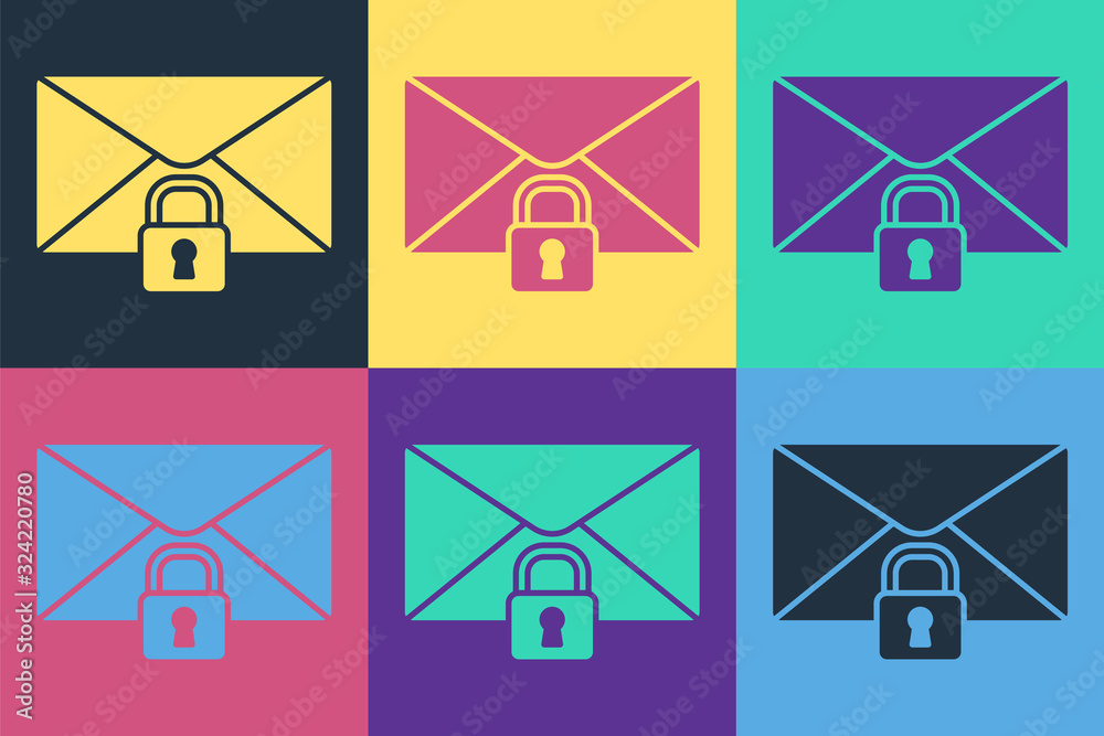 Pop art Mail message lock password icon isolated on color background. Envelope with padlock. Private