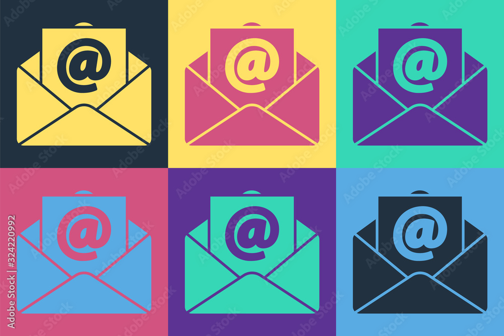 Pop art Mail and e-mail icon isolated on color background. Envelope symbol e-mail. Email message sig