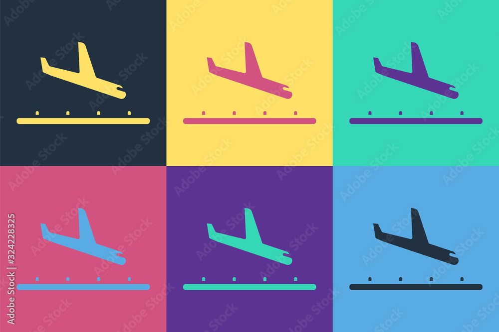 Pop art Plane landing icon isolated on color background. Airplane transport symbol. Vector Illustrat