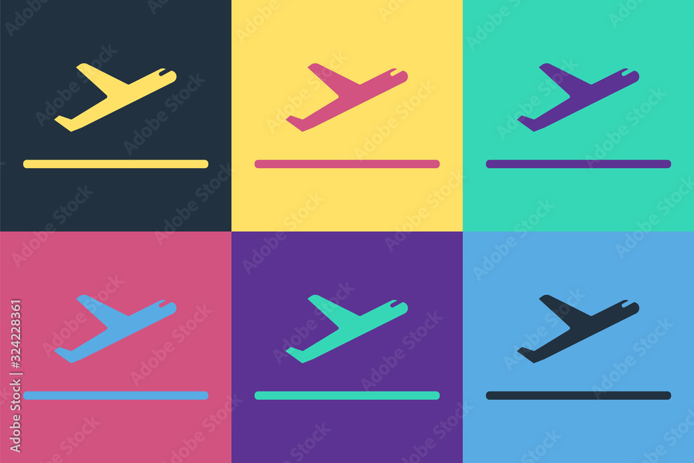 Pop art Plane takeoff icon isolated on color background. Airplane transport symbol. Vector Illustrat