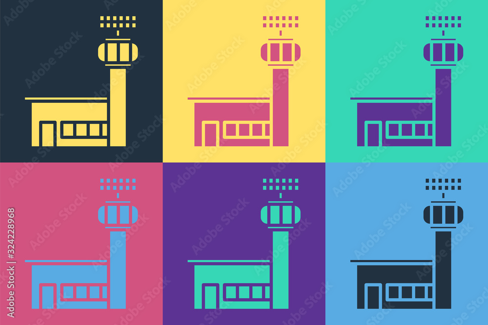 Pop art Airport control tower icon isolated on color background. Vector Illustration