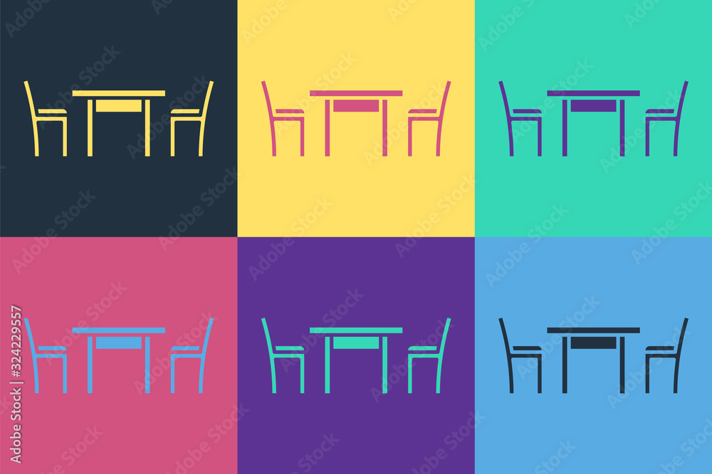 流行艺术木桌，椅子图标隔离在彩色背景上。矢量插图