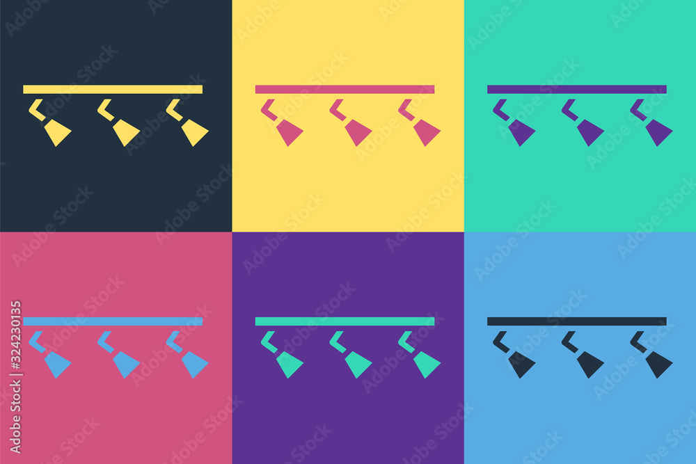 Pop art Led track lights and lamps with spotlights icon isolated on color background. Vector Illustr