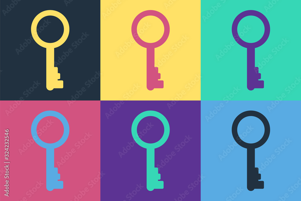 Pop art Old key icon isolated on color background. Vector Illustration