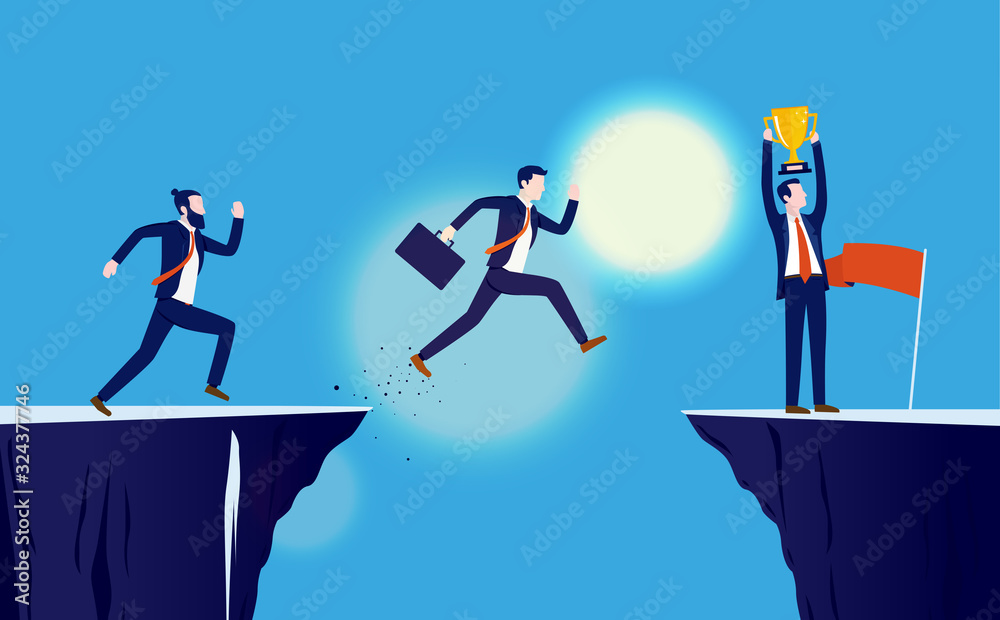 Business competition, a race for success - Business people racing towards goal. Man jumping, running
