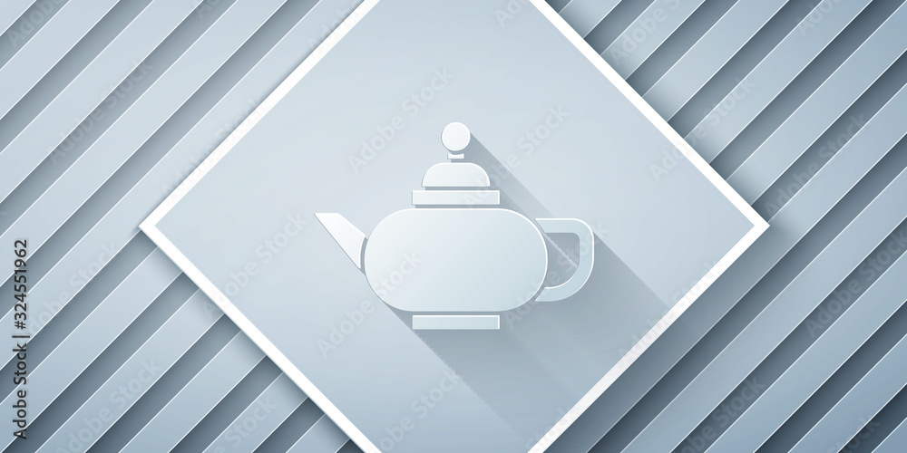 Paper cut Traditional Chinese tea ceremony icon isolated on grey background. Teapot with cup. Paper 