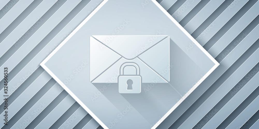 Paper cut Mail message lock password icon isolated on grey background. Envelope with padlock. Privat