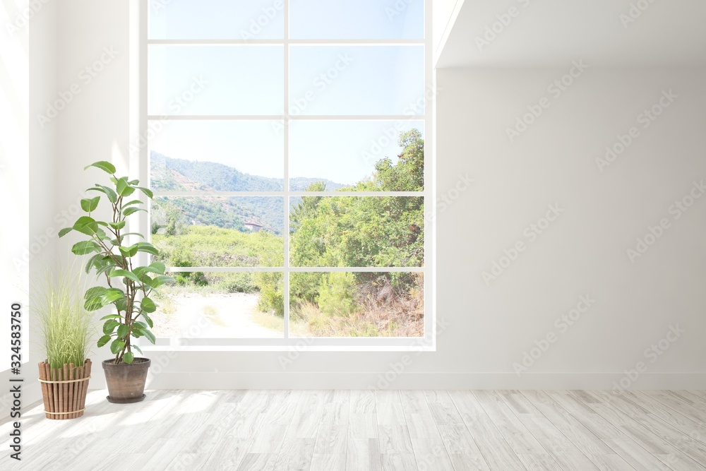Stylish empty room in white color with summer landscape in window. Scandinavian interior design. 3D 