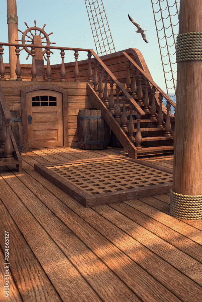 海盗旧船的外部。船背景的日光视图。海盗船甲板的三维插图
