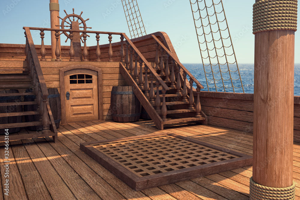 海盗旧船的外部。船背景的日光视图。海盗船甲板的三维插图