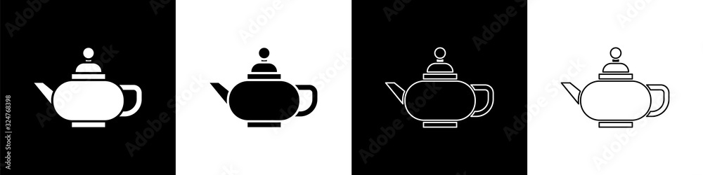 Set Traditional Chinese tea ceremony icon isolated on black and white background. Teapot with cup. V