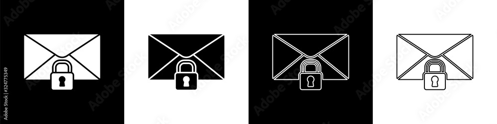 将邮件邮件锁定密码图标隔离在黑白背景上。带挂锁的信封.P
