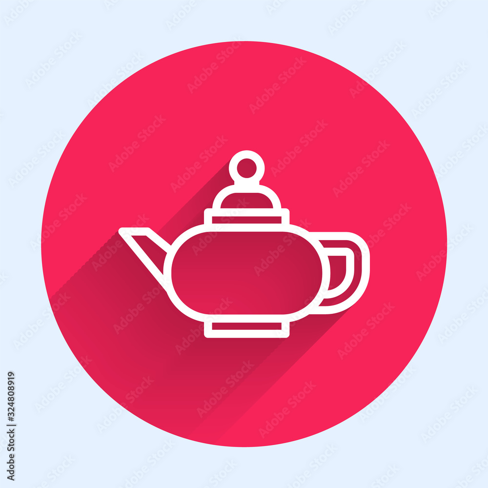 白线中国传统茶道图标，与长阴影隔离。带杯子的茶壶。红色cir