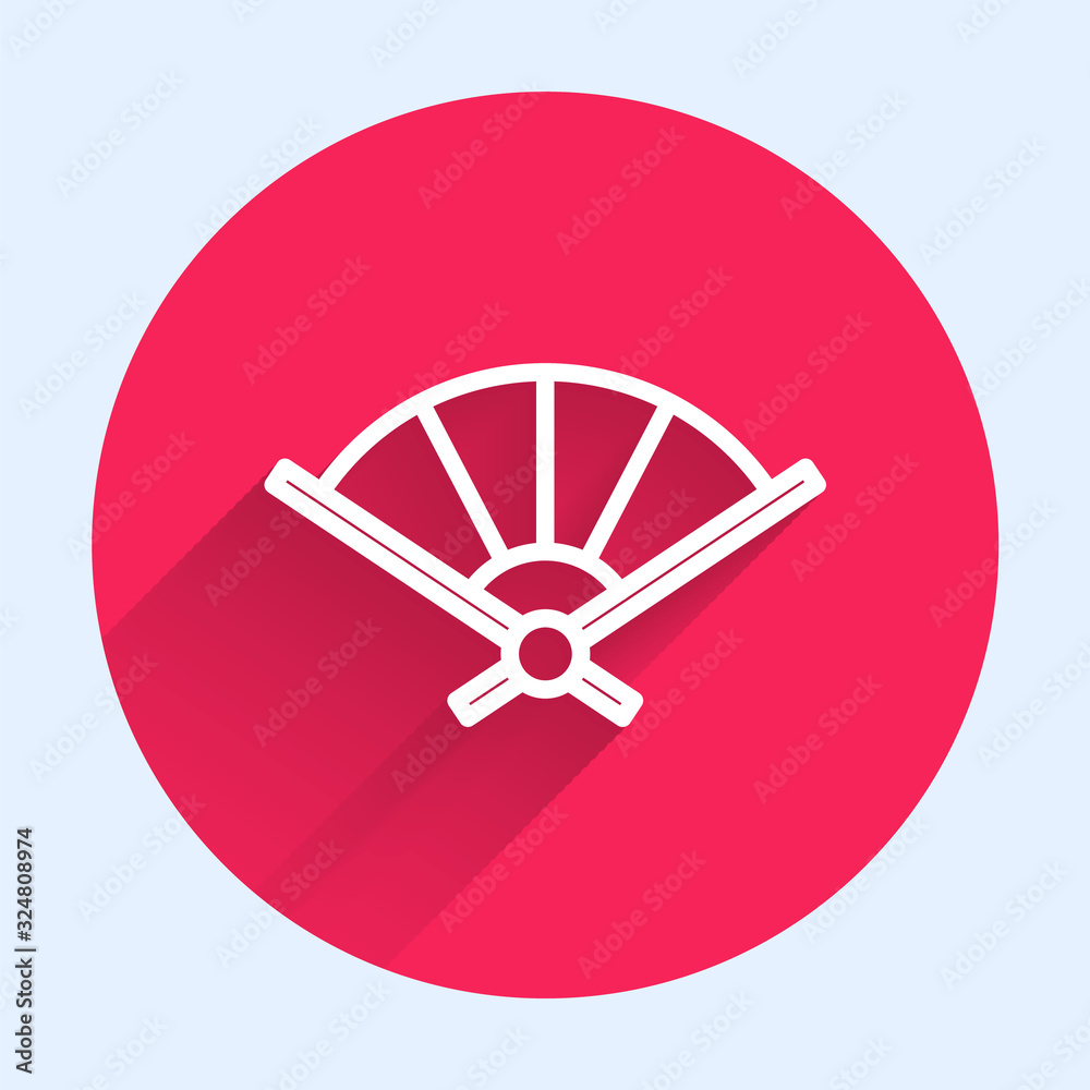 White line Traditional paper chinese or japanese folding fan icon isolated with long shadow. Red cir