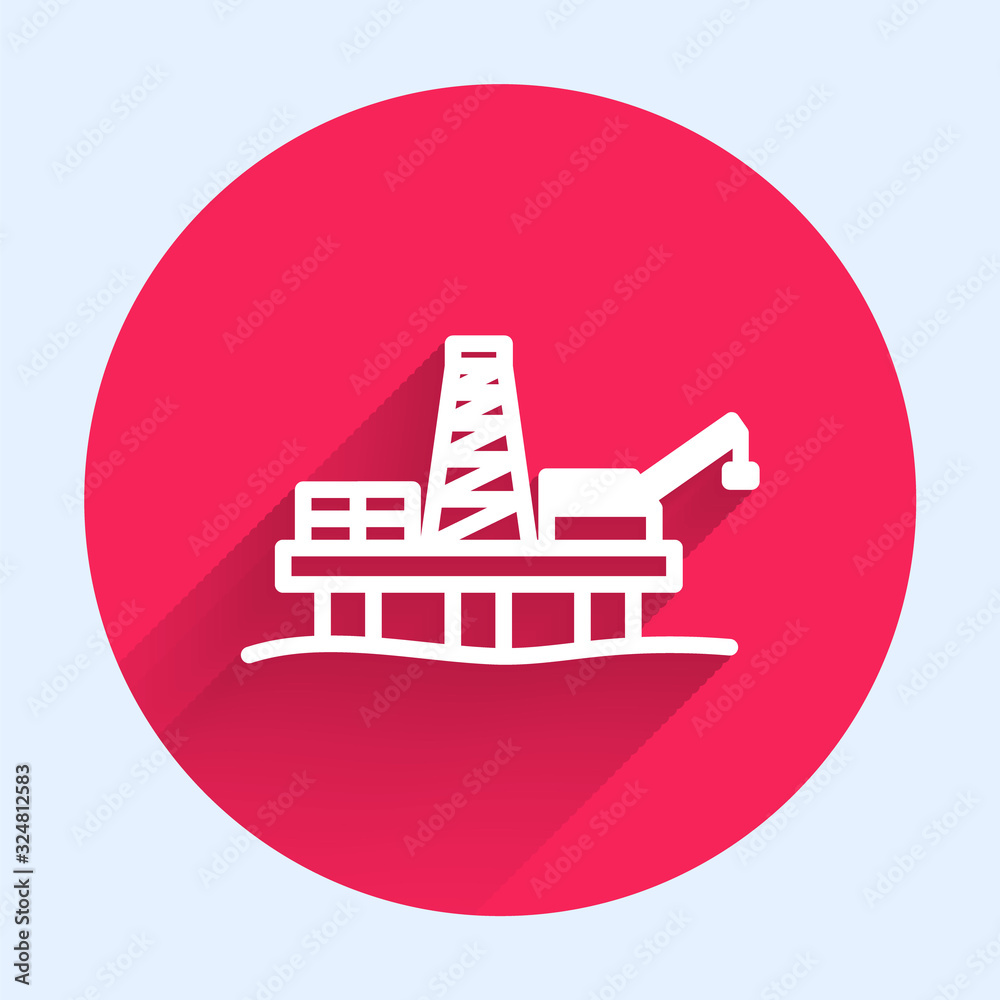 White line Oil platform in the sea icon isolated with long shadow. Drilling rig at sea. Oil platform