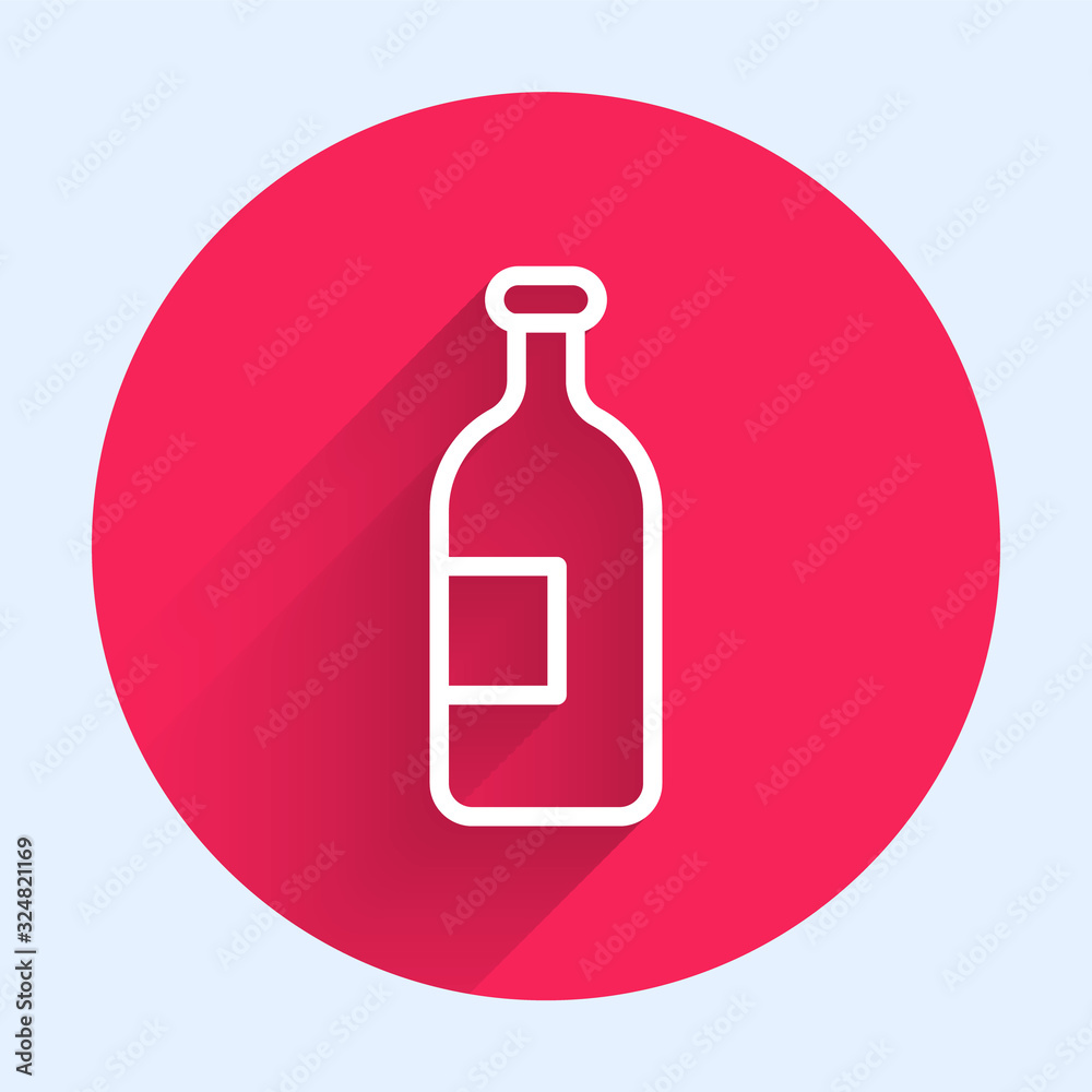 White line Alcohol drink bottle icon isolated with long shadow. Red circle button. Vector Illustrati
