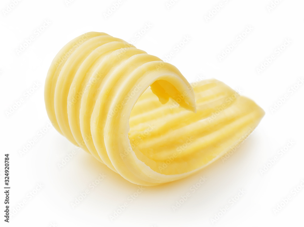 Butter curl or butter roll isolated on white background