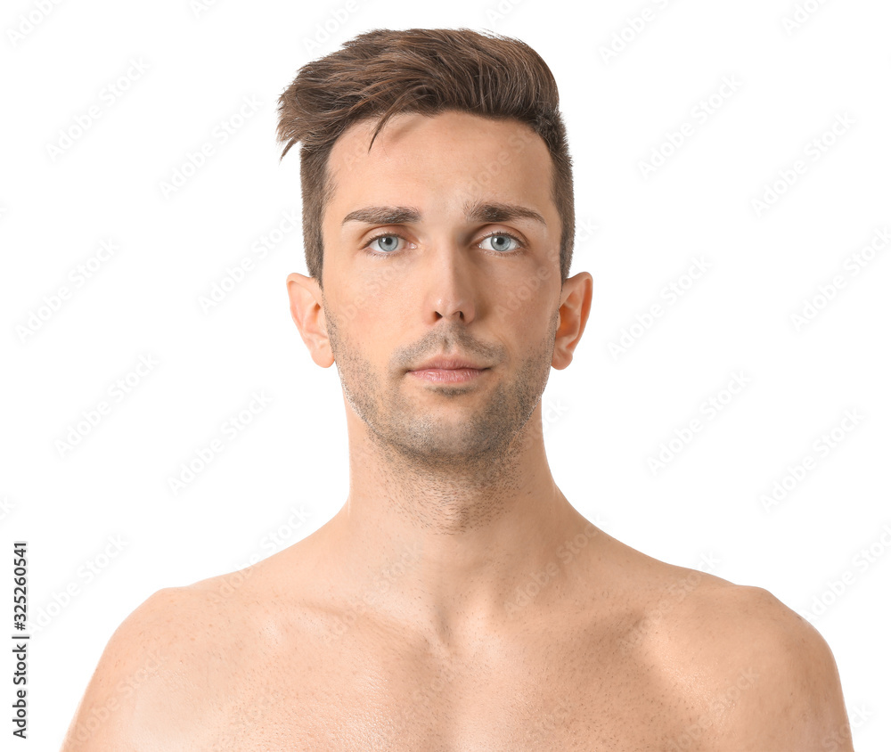 Handsome young man on white background. Plastic surgery concept