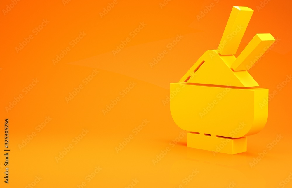 Yellow Rice in a bowl with chopstick icon isolated on orange background. Traditional Asian food. Min