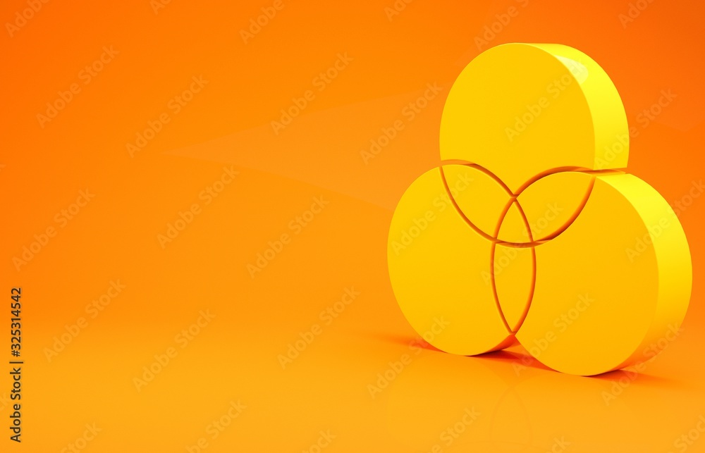 橙色背景上隔离的黄色RGB和CMYK颜色混合图标。极简主义概念。3d插图