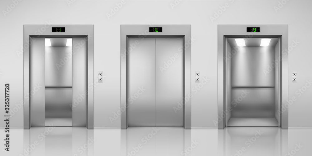 具有打开和关闭、半开门的逼真矢量电梯。现代室内的钢制电梯。