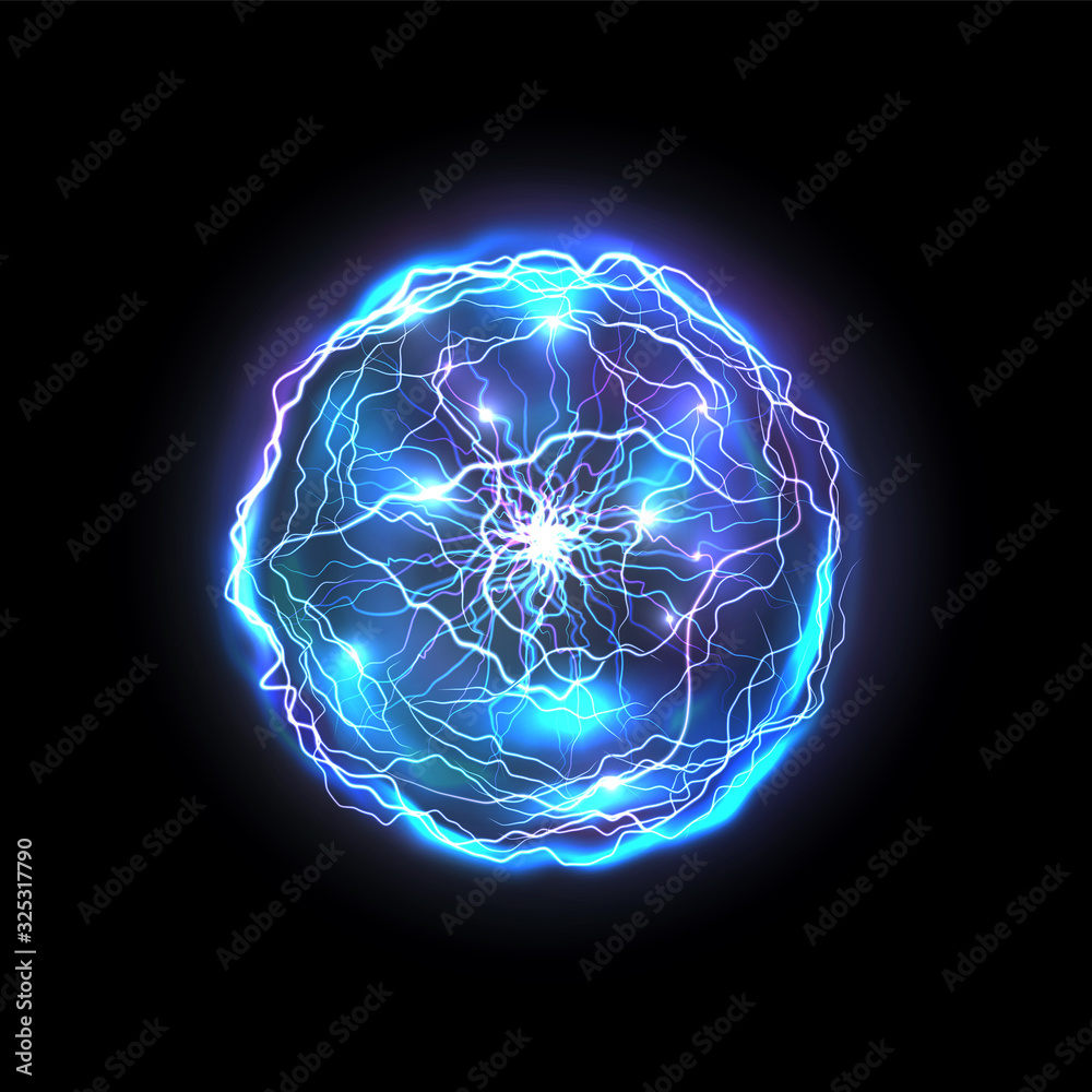 由闪电制成的孤立能量球。发光逼真的蓝色圆圈或抽象矢量明亮的球体