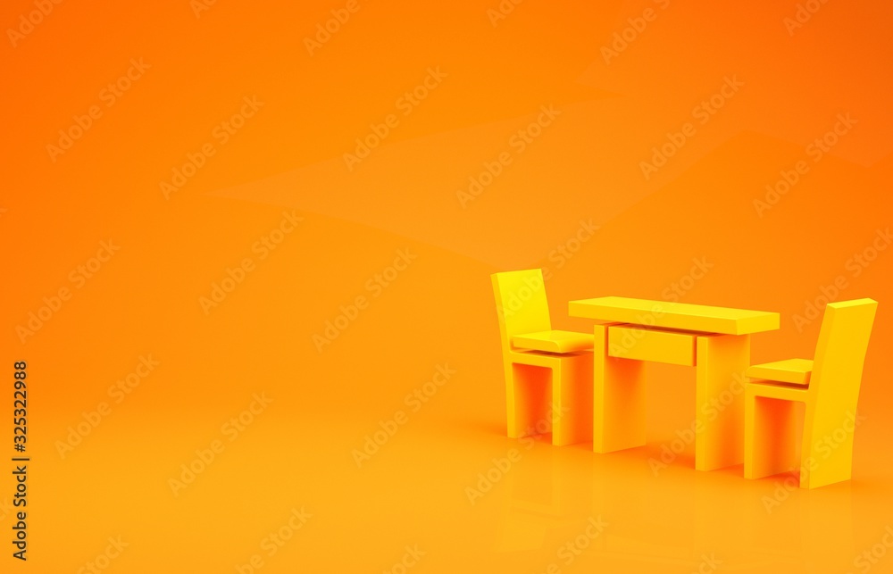 黄色木桌，橙色背景上有椅子图标。极简主义概念。3d插图
