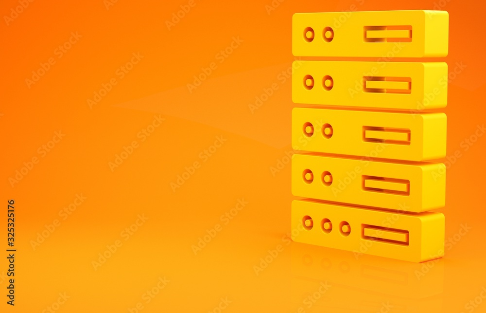黄色服务器，数据，网络主机图标隔离在橙色背景上。极简主义概念。3d插图