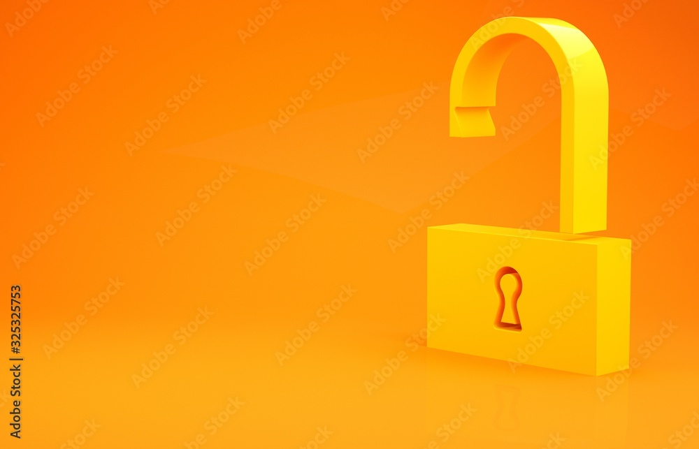 黄色打开挂锁图标，橙色背景隔离。打开锁定标志。网络安全概念。Di