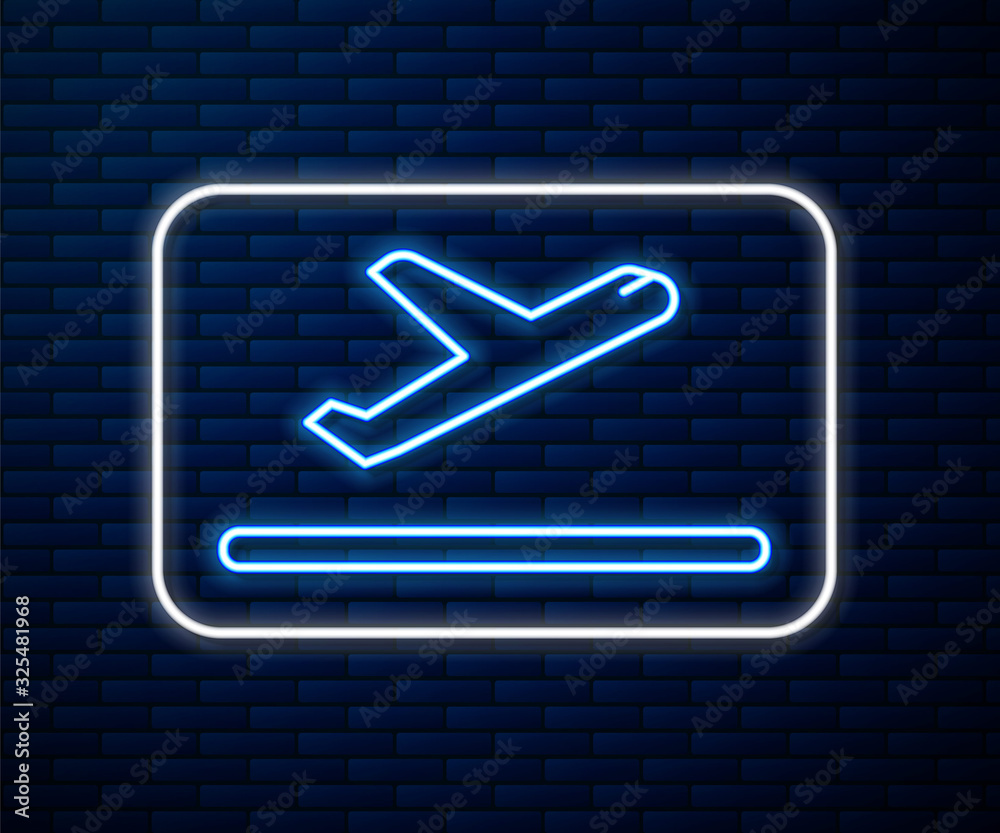 Glowing neon line Plane takeoff icon isolated on brick wall background. Airplane transport symbol. V