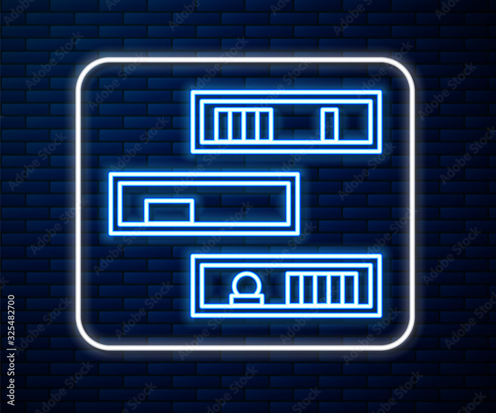 Glowing neon line Shelf with books icon isolated on brick wall background. Shelves sign. Vector Illu