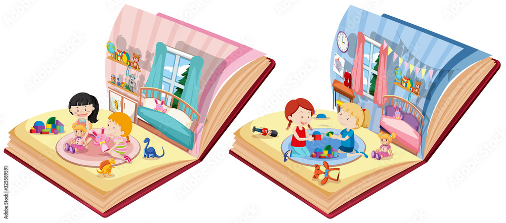 两本书和孩子在卧室的场景