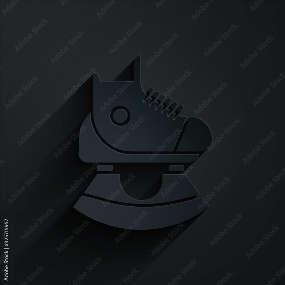 Paper cut Skates icon isolated on black background. Ice skate shoes icon. Sport boots with blades. P