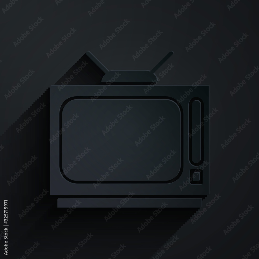 黑色背景上隔离的剪纸复古电视图标。电视标志。纸艺风格。矢量照明