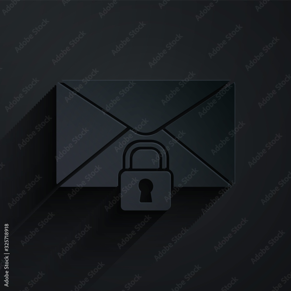 剪纸邮件邮件锁定密码图标隔离在黑色背景上。带挂锁的信封。Priva