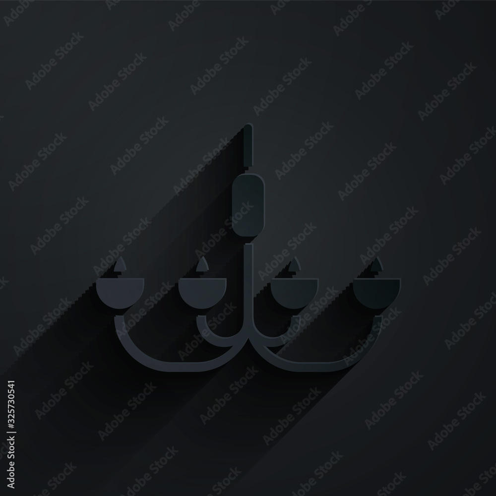 Paper cut Chandelier icon isolated on black background. Paper art style. Vector Illustration