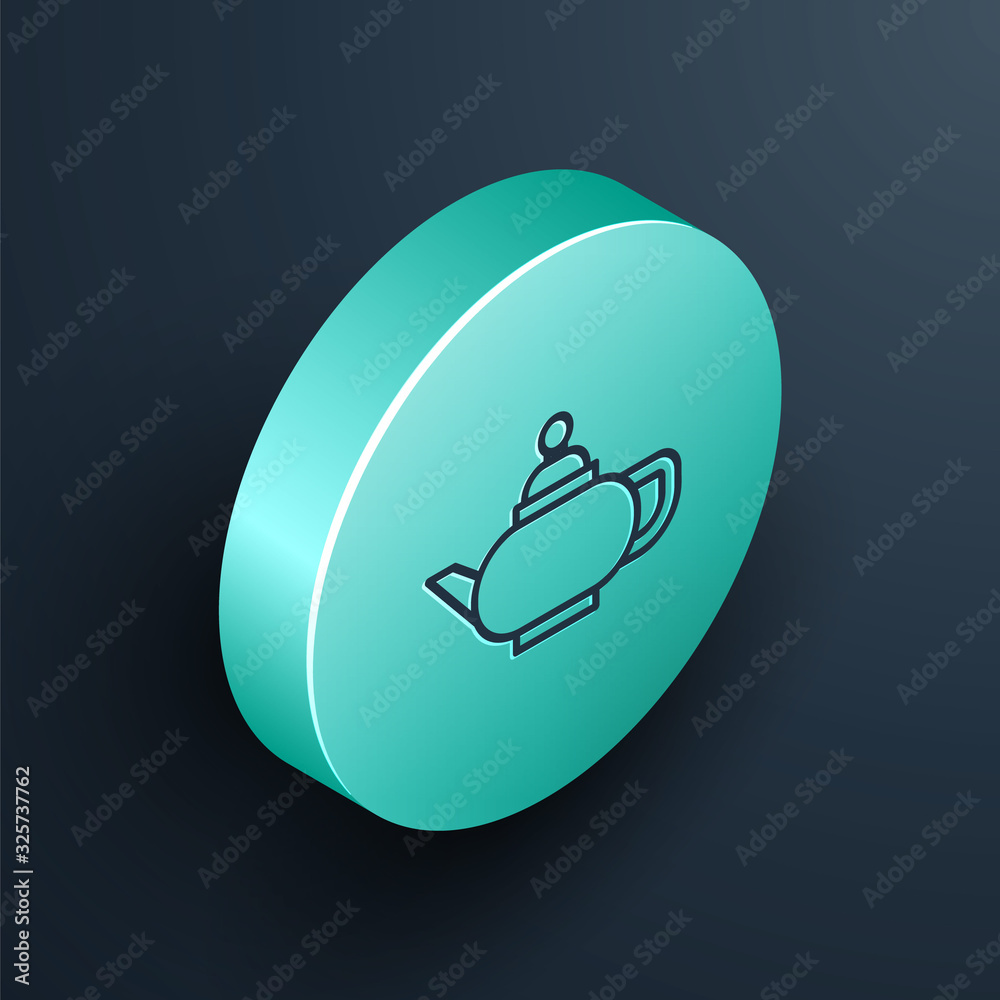 Isometric line Traditional Chinese tea ceremony icon isolated on black background. Teapot with cup. 