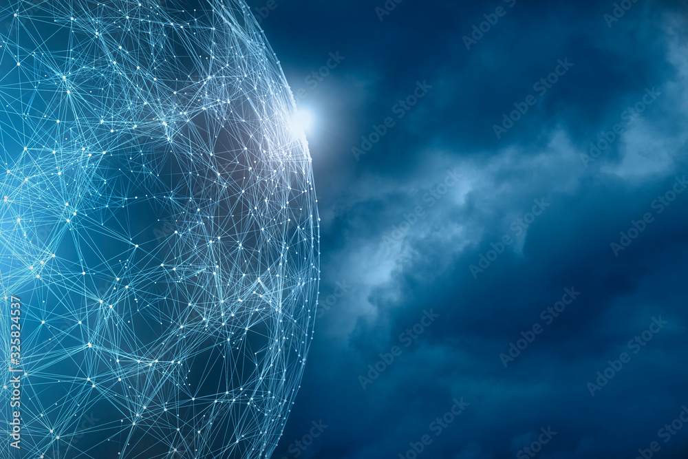 Abstract network cyberspace globe with cloudy sky copy space background. View from space.