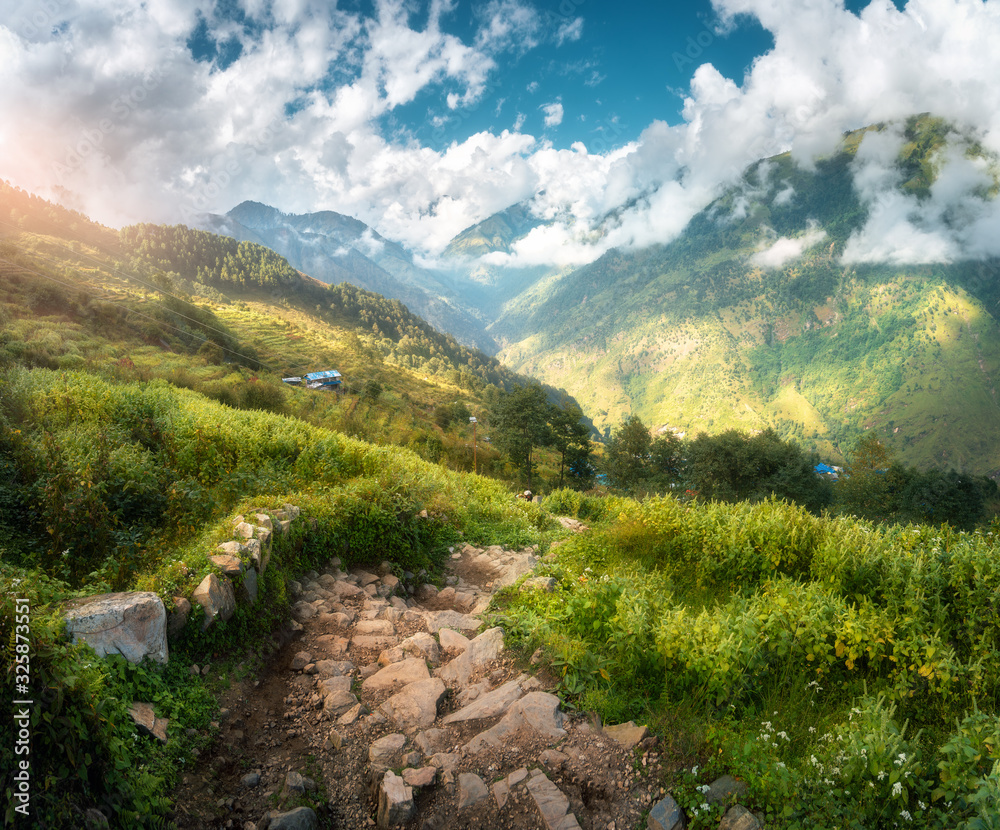 尼泊尔春天日落时山谷中美丽的石路。石阶景观，g