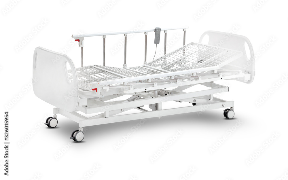 移动病床，白色背景隔离。可变高度床。医疗设备