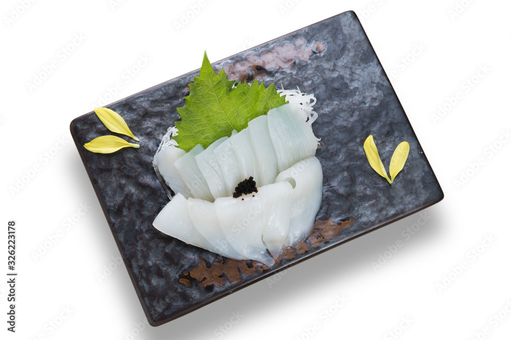 Sliced Japanese food squid sashimi dinner meal isolated on white background