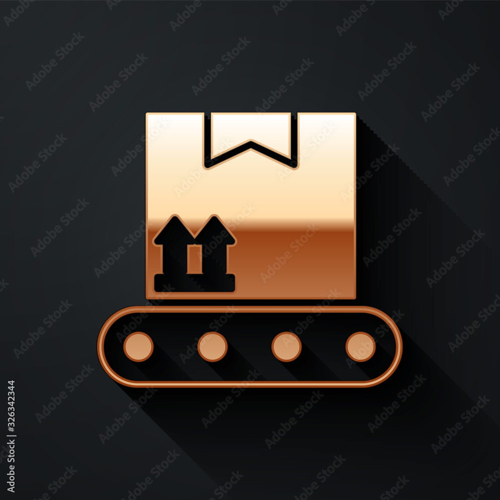 Gold Conveyor belt with cardboard box icon isolated on black background. Long shadow style. Vector I