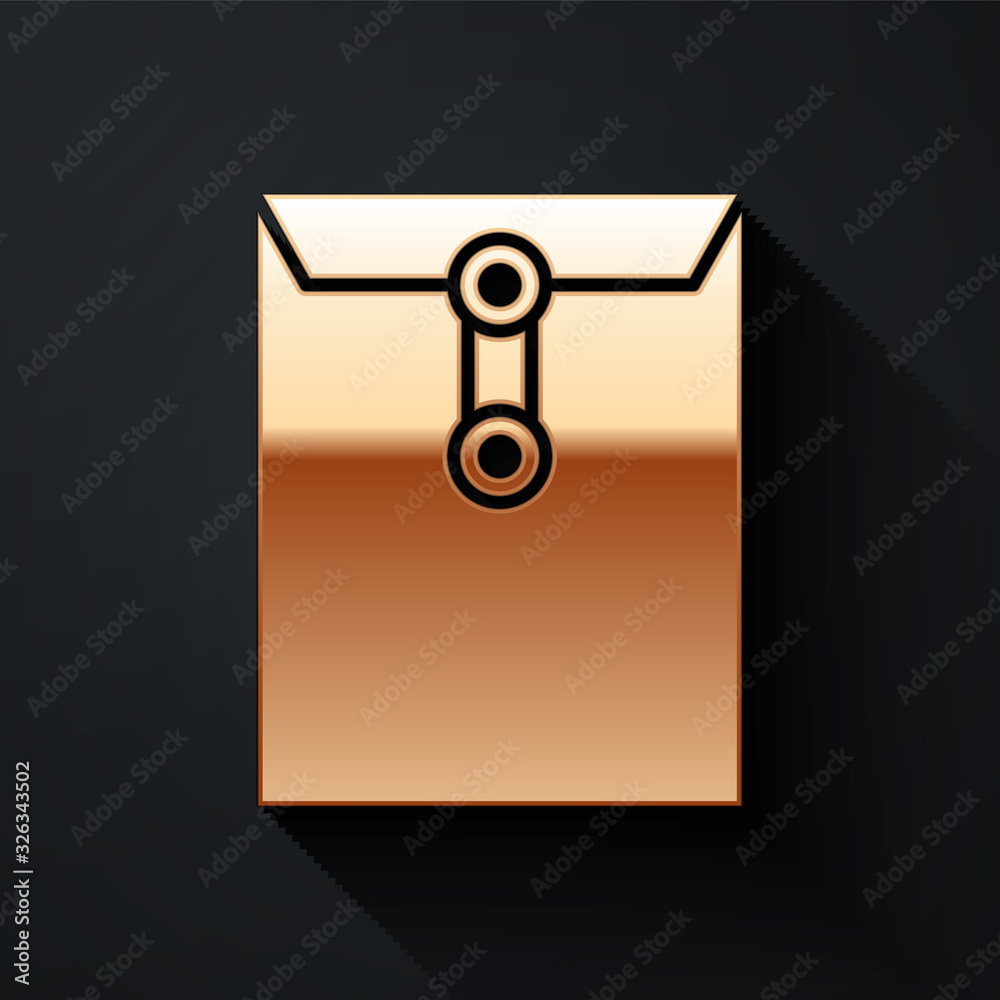 Gold Envelope icon isolated on black background. Email message letter symbol. Long shadow style. Vec