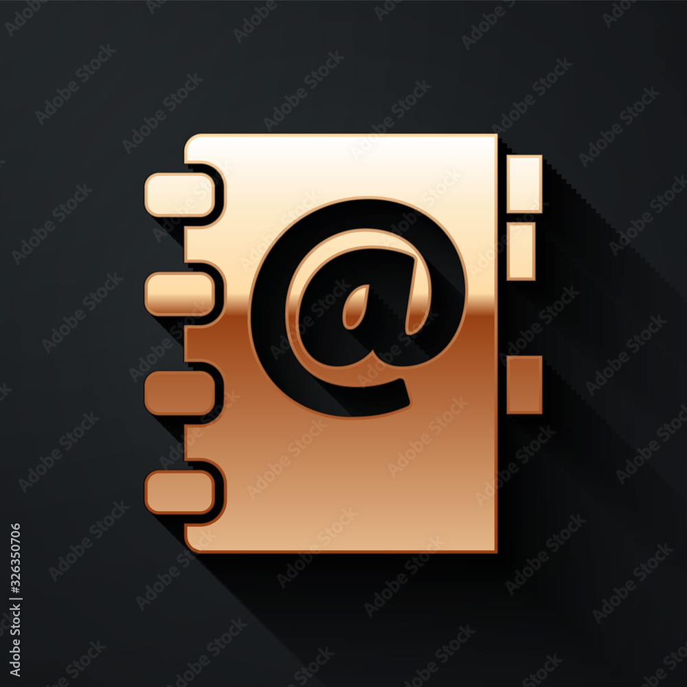 黑色背景上隔离的金色通讯簿图标。笔记本，地址，联系人，目录，电话，t