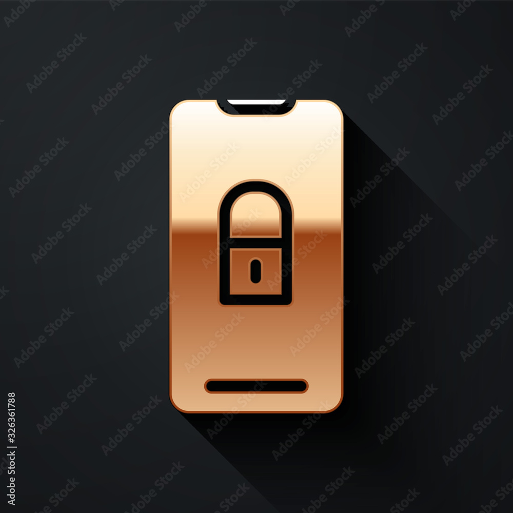 金色智能手机，黑色背景上隔离的挂锁图标。带锁手机。手机安全